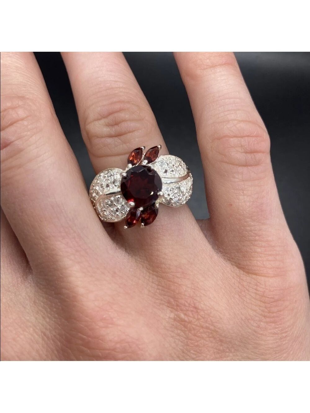Garnet & White Topaz Sterling Silver Cocktail Ring - Picture 3 of 9